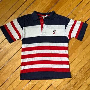 Vintage Disney Mickey Mouse Striped Polo USA Made Single Stitch Size S